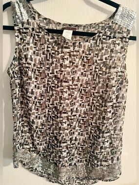 mark. Sheer Sleeveless Sequin-Trim Camisole in Brown and Cream